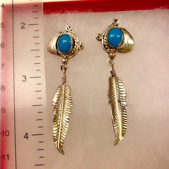 Rare Vintage Large Native American Signed Turquoise Sterling Silver Earrings - Picture 2 of 6